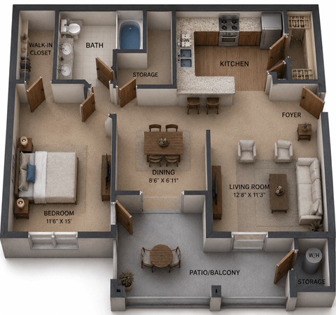 Floor plan for 1 bed, 1 bath, 826 sqft